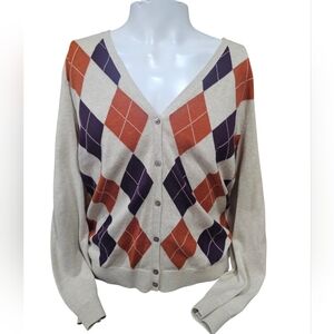 Lands’ End Argyle Cardigan Sweater Women’s Large 14-16 | 100% Cotton Button Fron